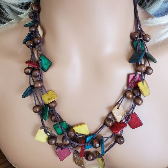 3 strands colorful  Bohemian tribal necklace on brown cord 24" plastic wood bead - Picture 1 of 9